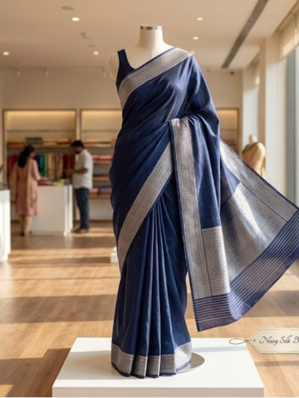 Stunning Navy Blue Silk Georgette Saree | Silver Embossed Zari Border & Pallu